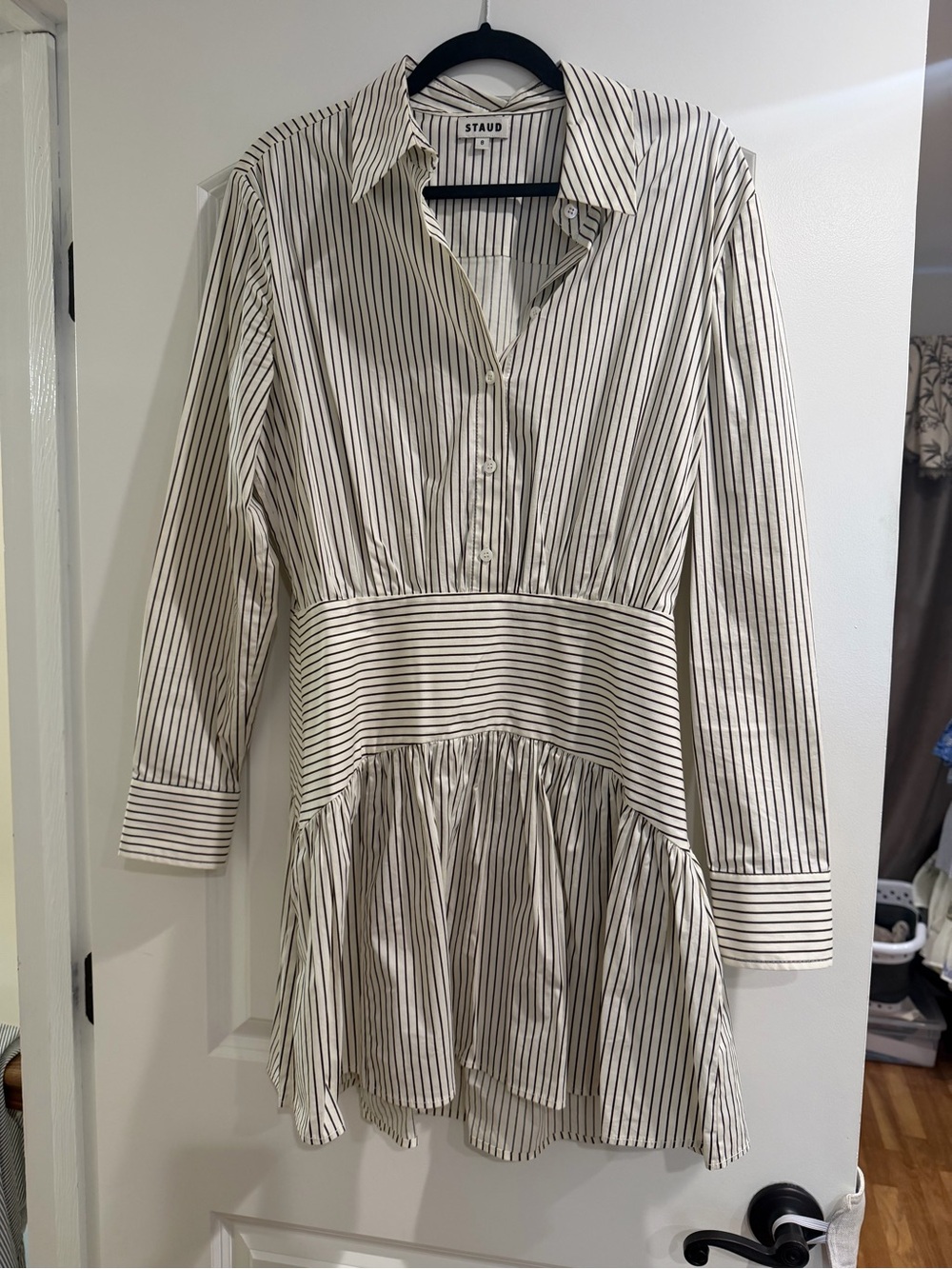 STAUD Rocco Cream and Brown Striped Shirt Dress Oak